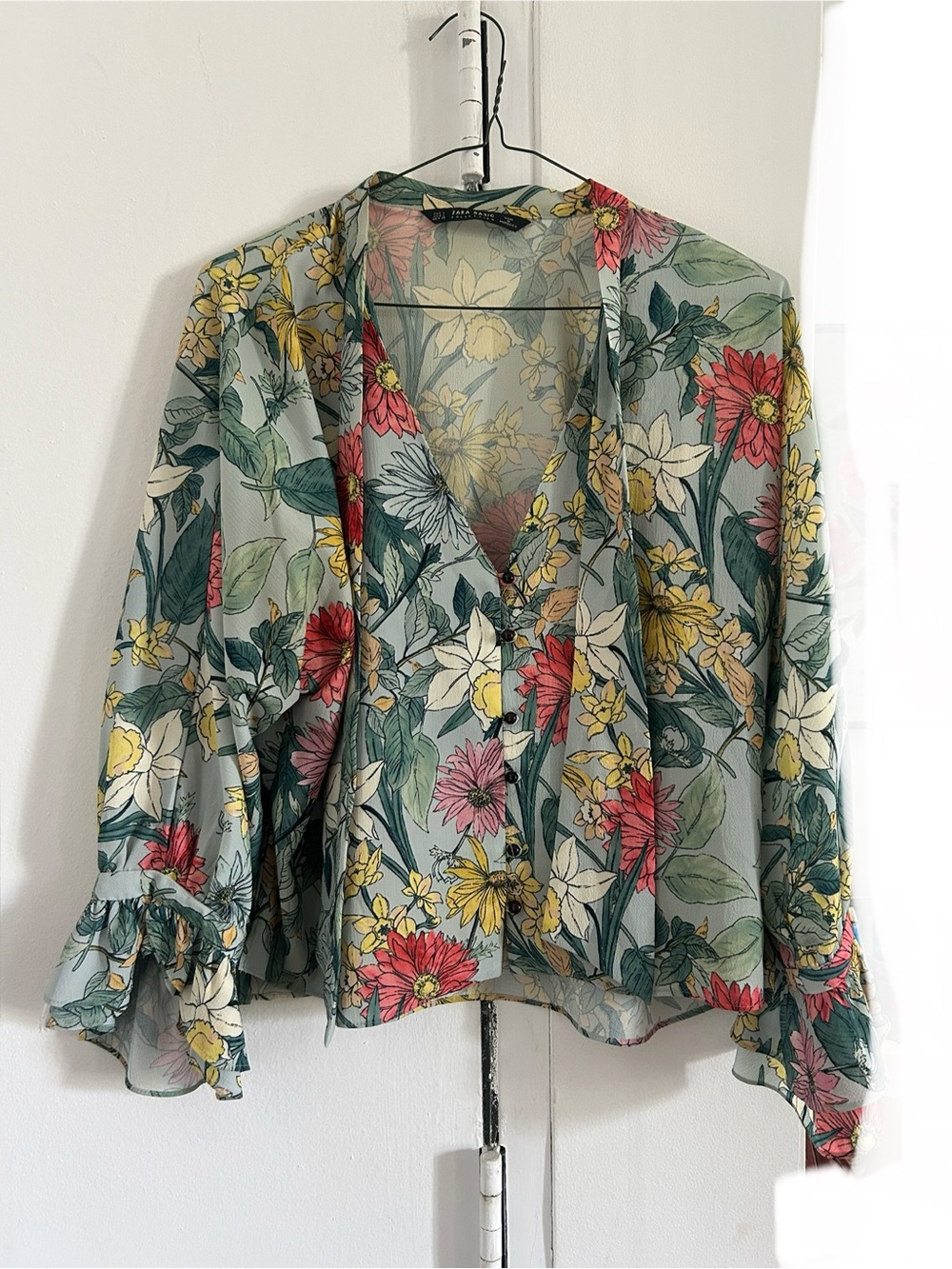 Zara Floral V-Neck Sheer Blouse in Green, Red, Yellow, Cream